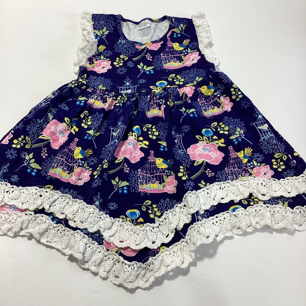 Girls Floral Navy Blue Dress with Lace Trim Birdcage Design XXL